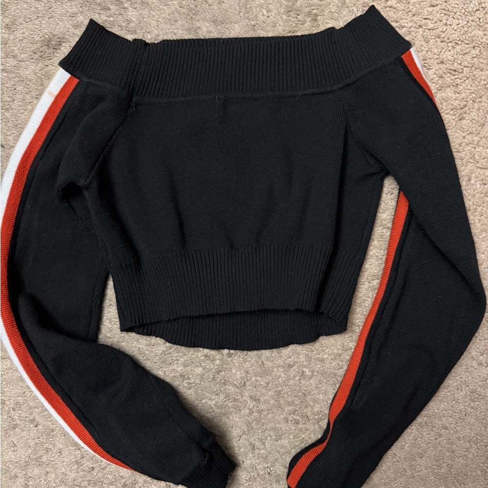 Off-Shoulder Black Sweater with Red Stripes